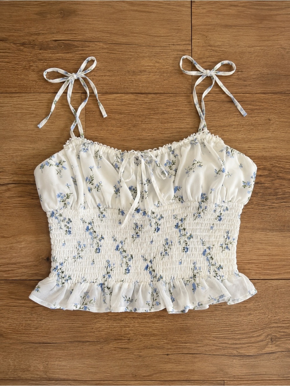 Smocked Floral Tie-Shoulder Crop Top - White/Blue